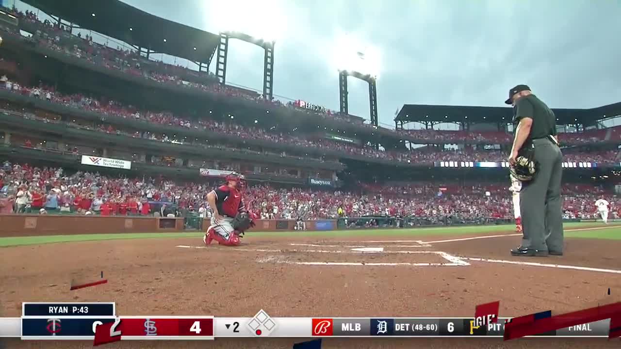 Lars Nootbaar of the St. Louis Cardinals reacts to a called strike during  the second inning against the Seattle Mariners at T-Mobile Park on Friday,  April 21, 2023, in Seattle.