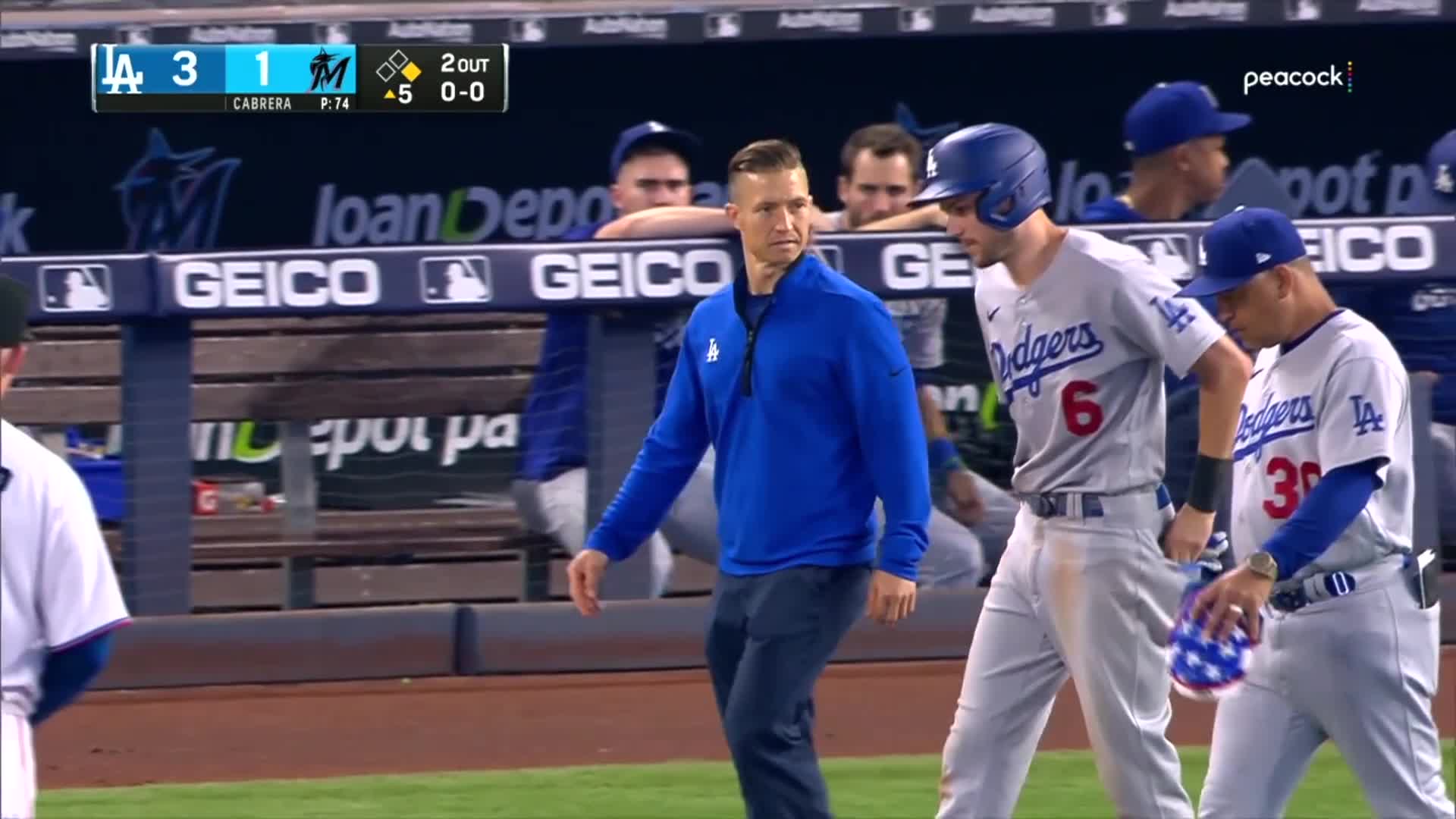 Trea Turner gets hit in the helmet by a pitch from Edward Cabrera