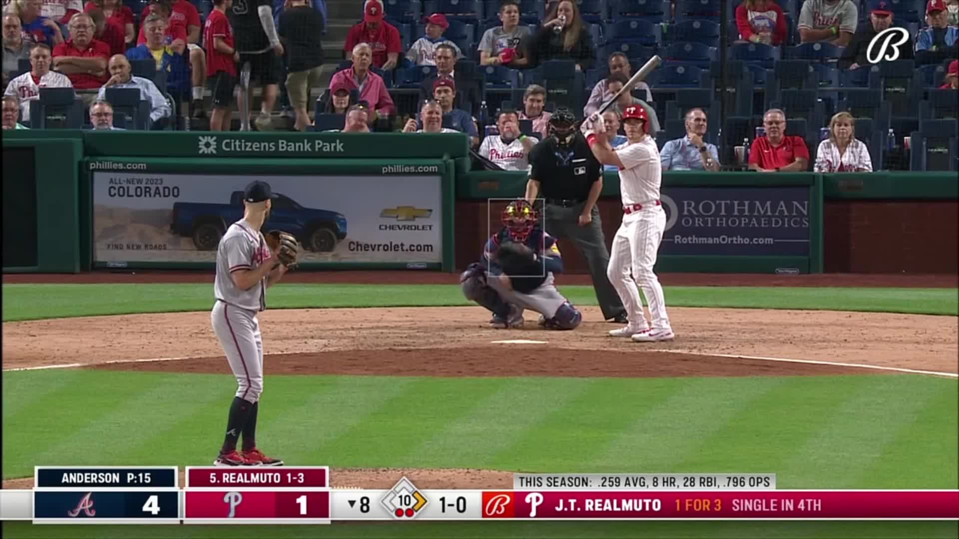 [Highlight] JT Realmuto tries to stretch a single into a double with the  tying run coming up to bat but is thrown out at second by Michael Harris  II. : r/baseball