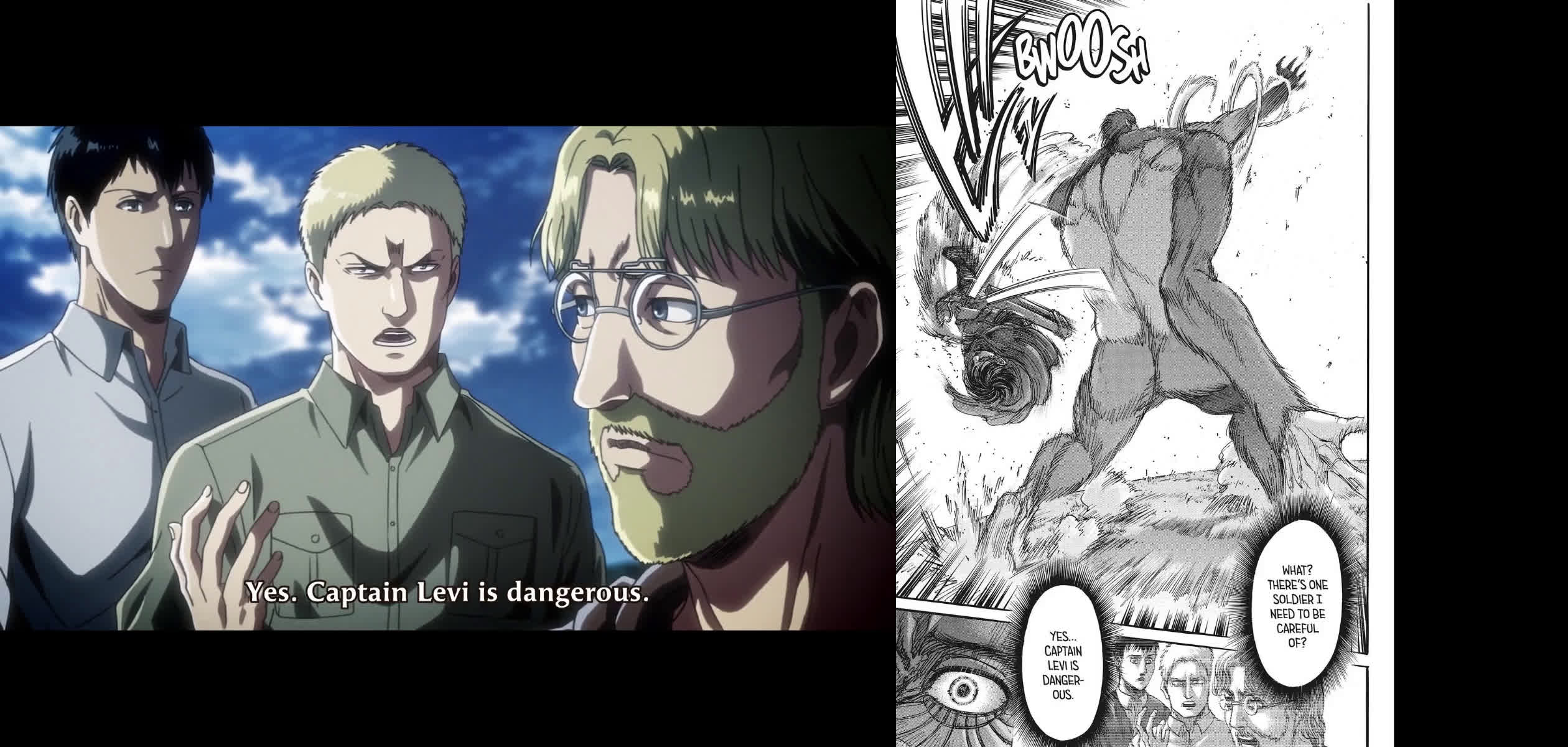 Attack on Titan Season 3 Part 2 - Episode 5/Chapter 81] Anime vs. Manga  side-by-side comparison (Full scene)