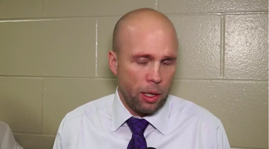 St. Louis Blues head coach Mike Yeo talks with reporters at a wrap up  session at