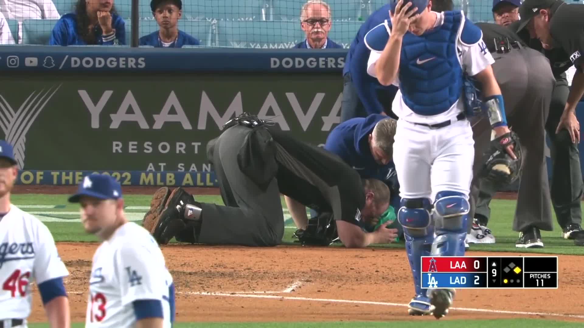 Watch Mike Trout's bat shatters and hits the umpire in the face between