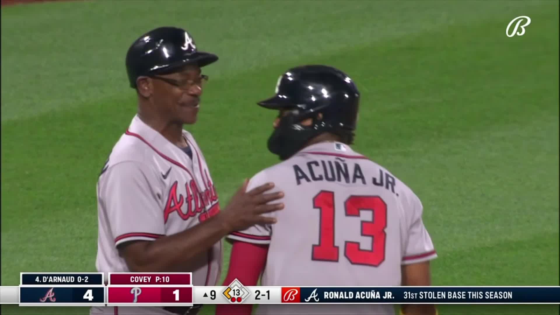 Braves outfielder Ronald Acuña Jr. goes from first to third on a