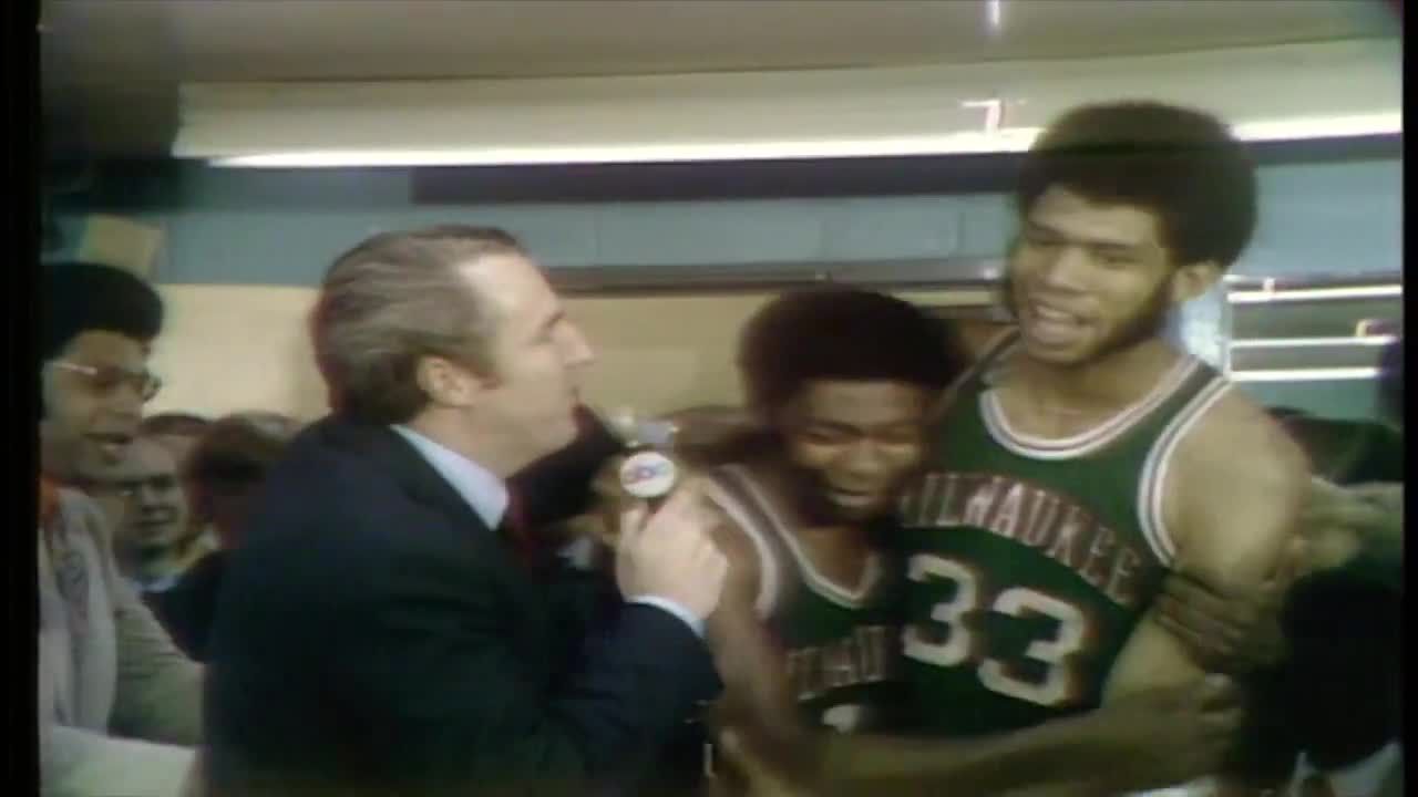 Oscar Robertson and Kareem Abdul-Jabbar (Lew Alcindor) post-game interview after winning their 1971 Championship with the Milwaukee Bucks