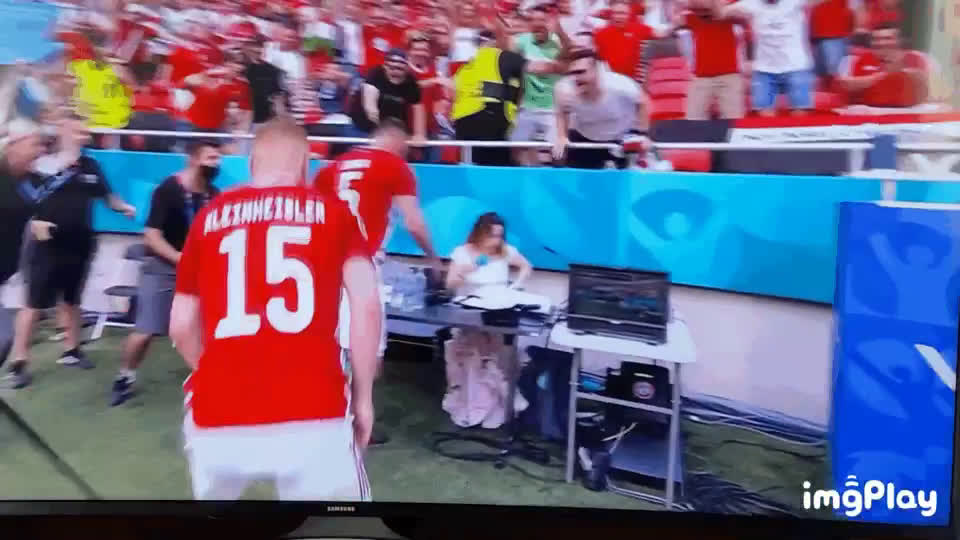 Gif: Fiola scares a lady with his crazy goal celebration vs France!
