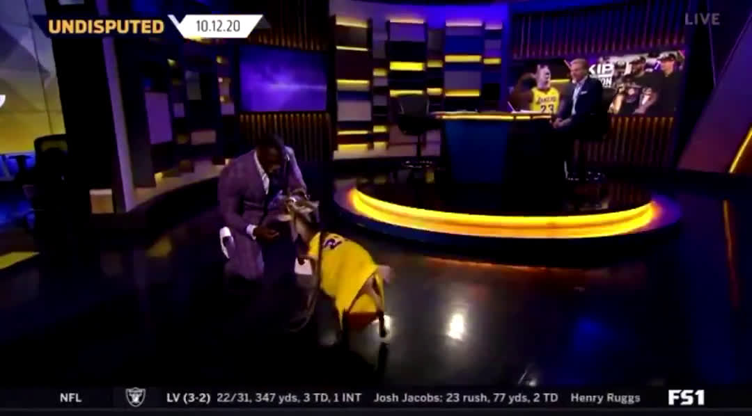 Shannon Sharpe dressed as GOAT James, with a LeBron jersey and a goat mask
