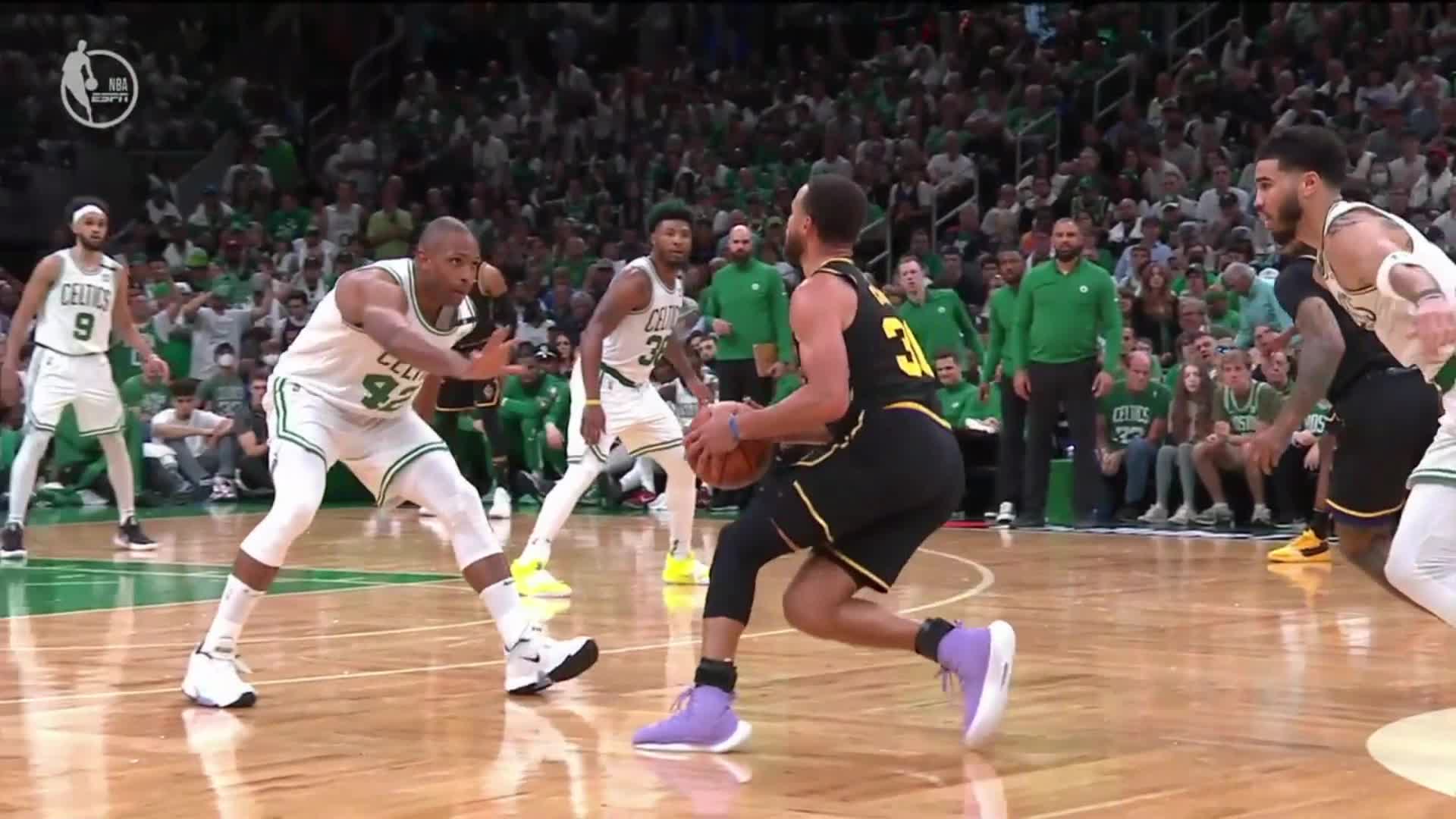 Highlight Curry hits a ridiculously deep three through contact and is irate over the non-call r/nba