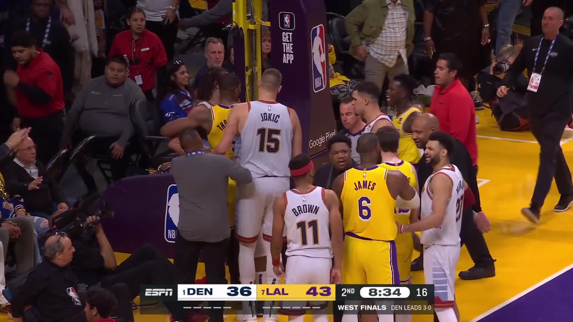 Highlight Aaron Gordon and LeBron James get into a scuffle and have to be separated; both get a tech