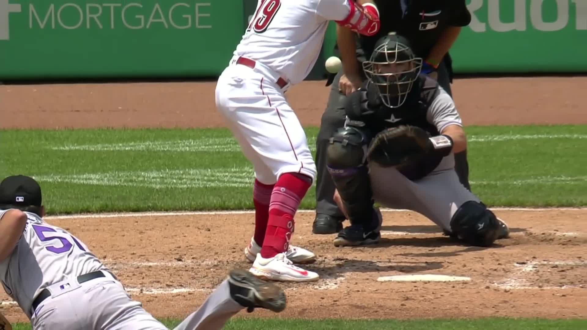 Highlight Joey Votto is hit by a pitch that was likely a strike image