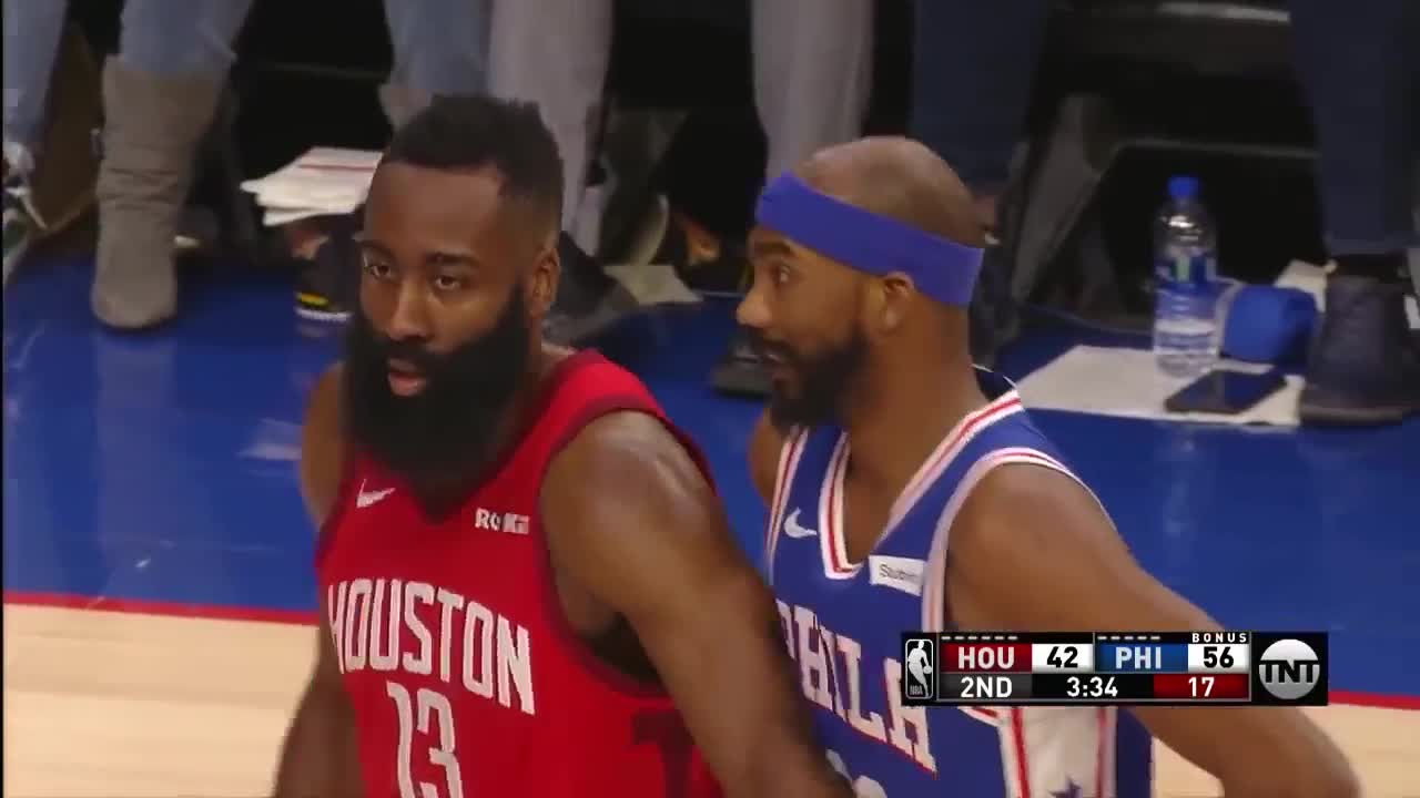 James Harden hits a 3 over Pat Bev and Paul George, and gets the foul. :  r/nba