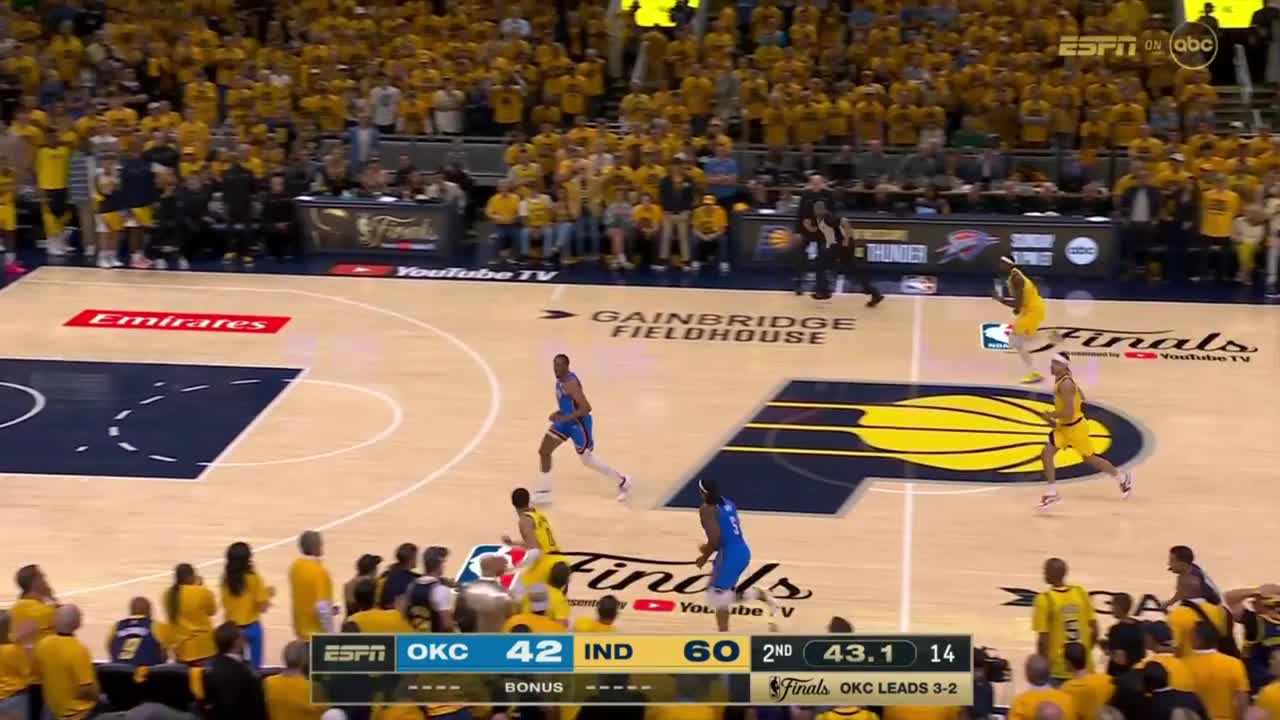 Watch [Highlight] Haliburton steals the ball from Jalen Williams, and Siakam finishes the play with an emphatic dunk | Streamable