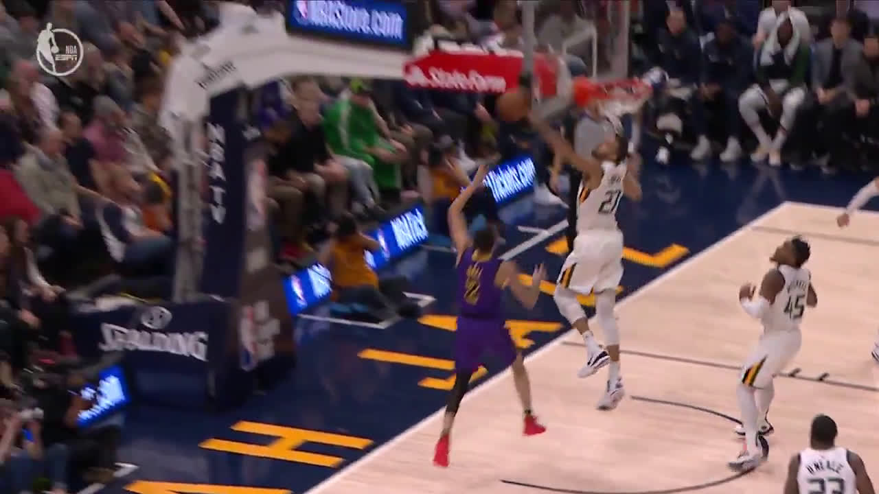 Rudy Gobert sends Lonzo Ball’s layup into the front row