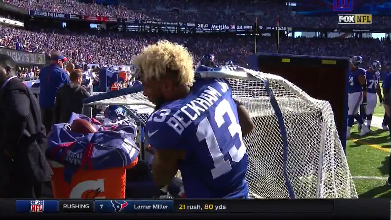 Crying Odell Beckham Jr. punches kicking net, which punches back.