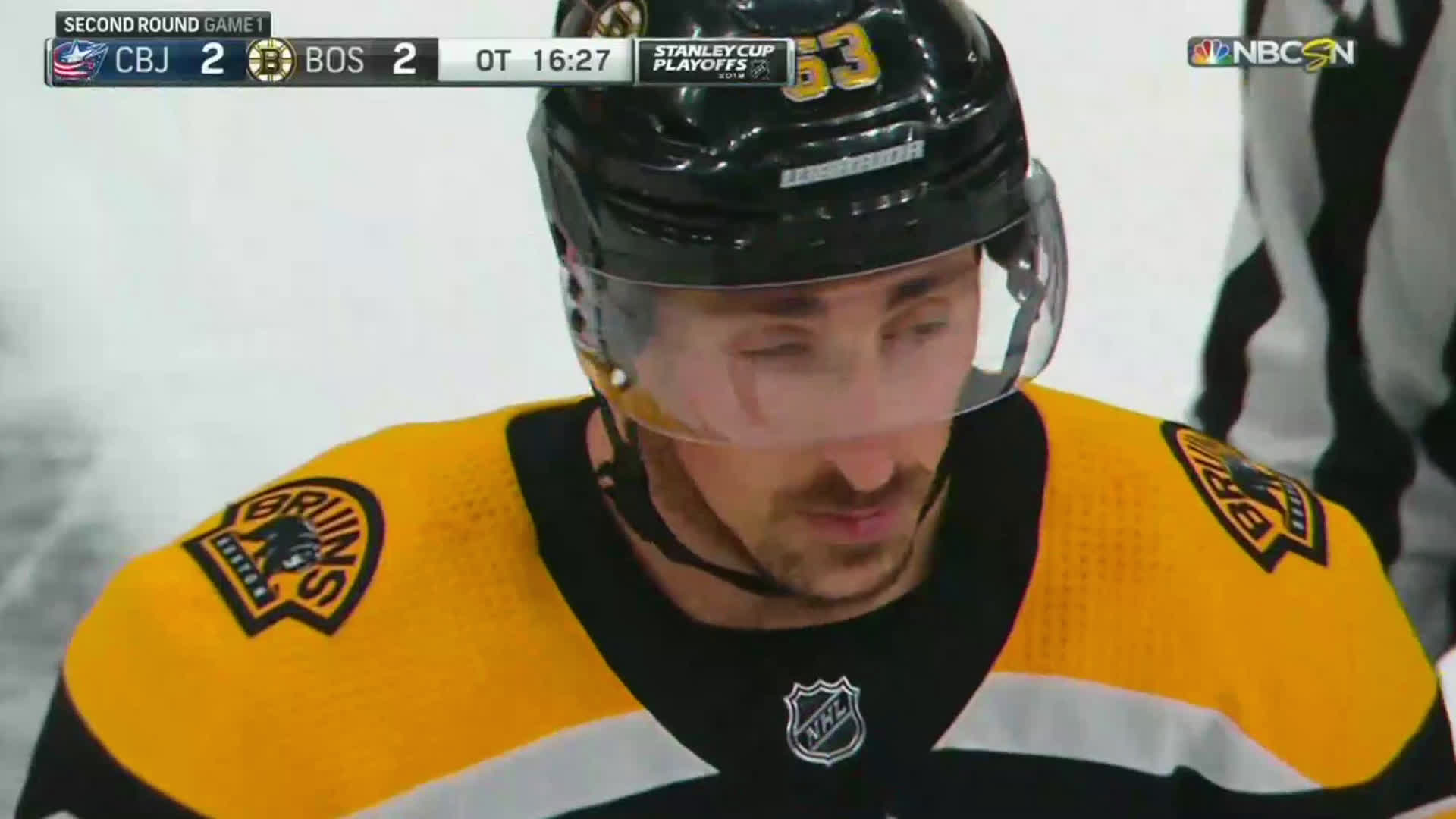Watch Brad Marchand Break Cam Atkinson's Stick Before a Key Faceoff in  Overtime | 1st Ohio Battery