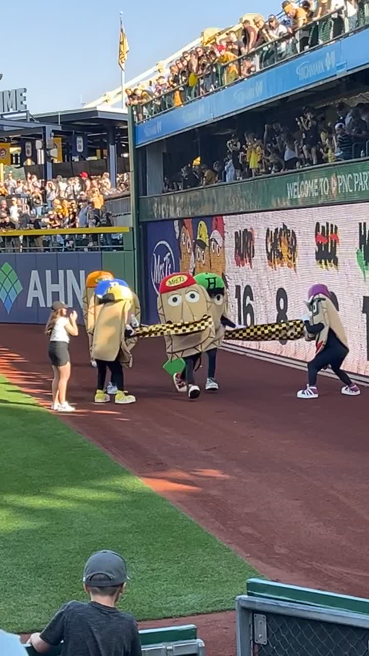 The Great Pierogi Race ends with Sauerkraut Saul winning between innings of  a baseball game between the Pittsburgh Pirates and Cincinnati Reds in  Pittsburgh Tuesday, May 29, 2012. The race has been