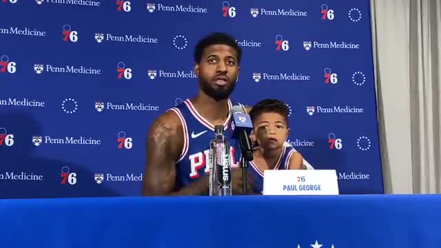 Watch PG answering a question about how he’ll fit on the court next to Maxey and Embiid | Streamable