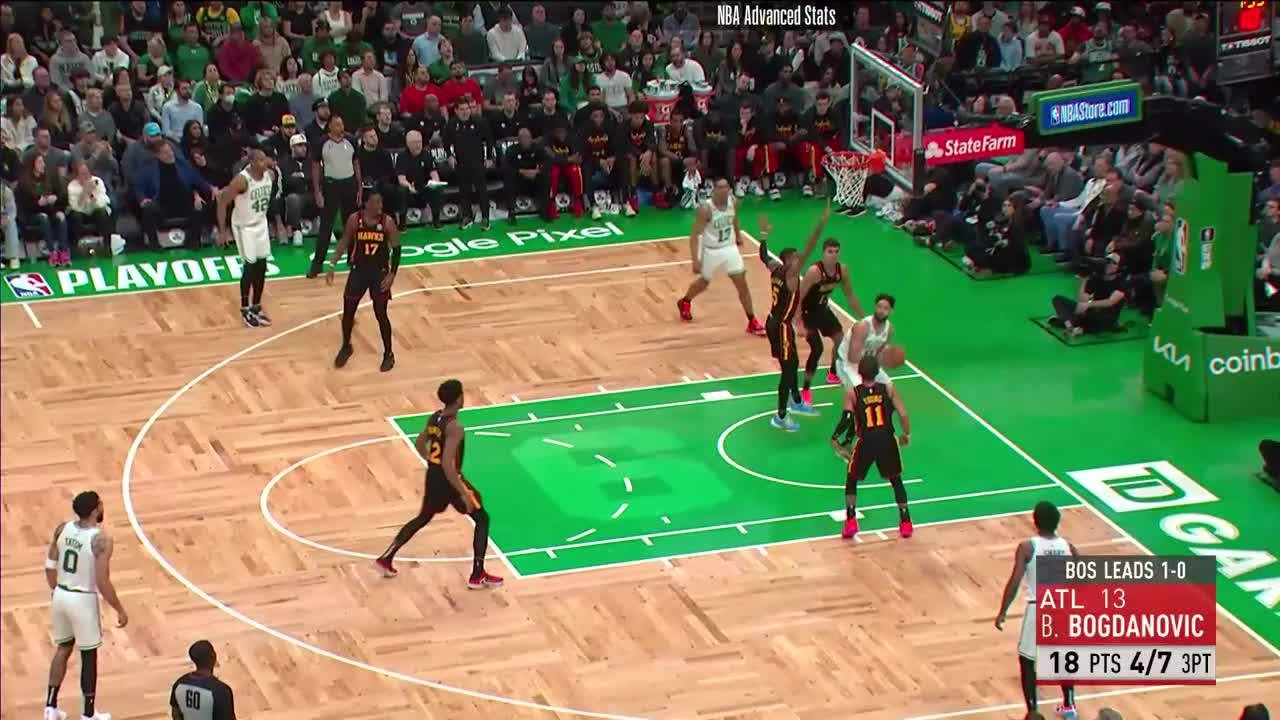 Atlanta Hawks guard Bogdan Bogdanovic (13) shoots the ball against the  Boston Celtics the fourth quarter of game one of the 2023 NBA playoffs at  TD Garden.