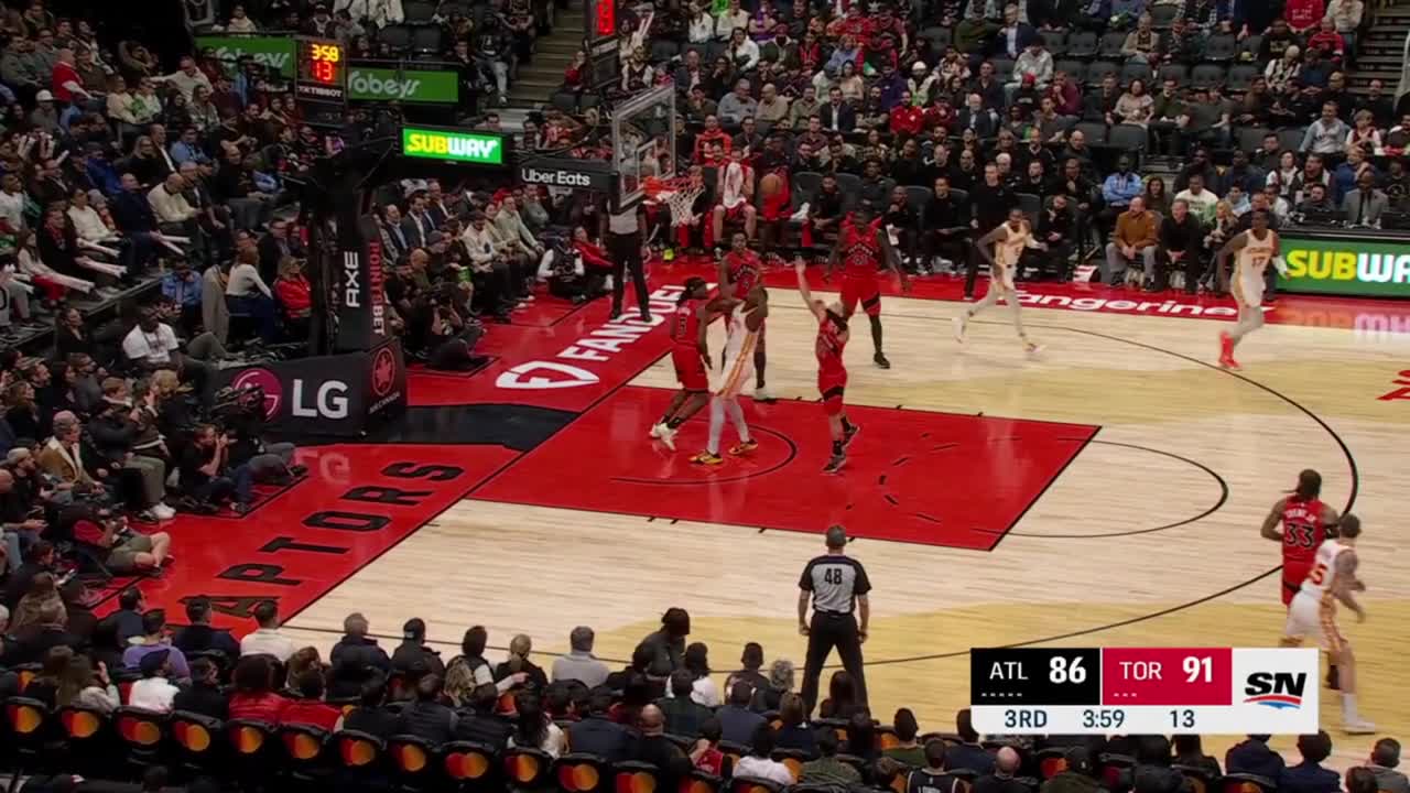 Highlight Capela gets 3 offensive rebounds in a row surrounded by 4 Raptors players while the Hawks shooters watch unguarded on the perimeter