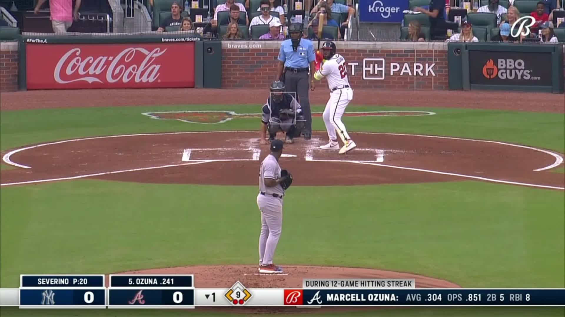 Marcell Ozuna's 3-run homer off Severino gives the Braves an early lead in  the first inning.