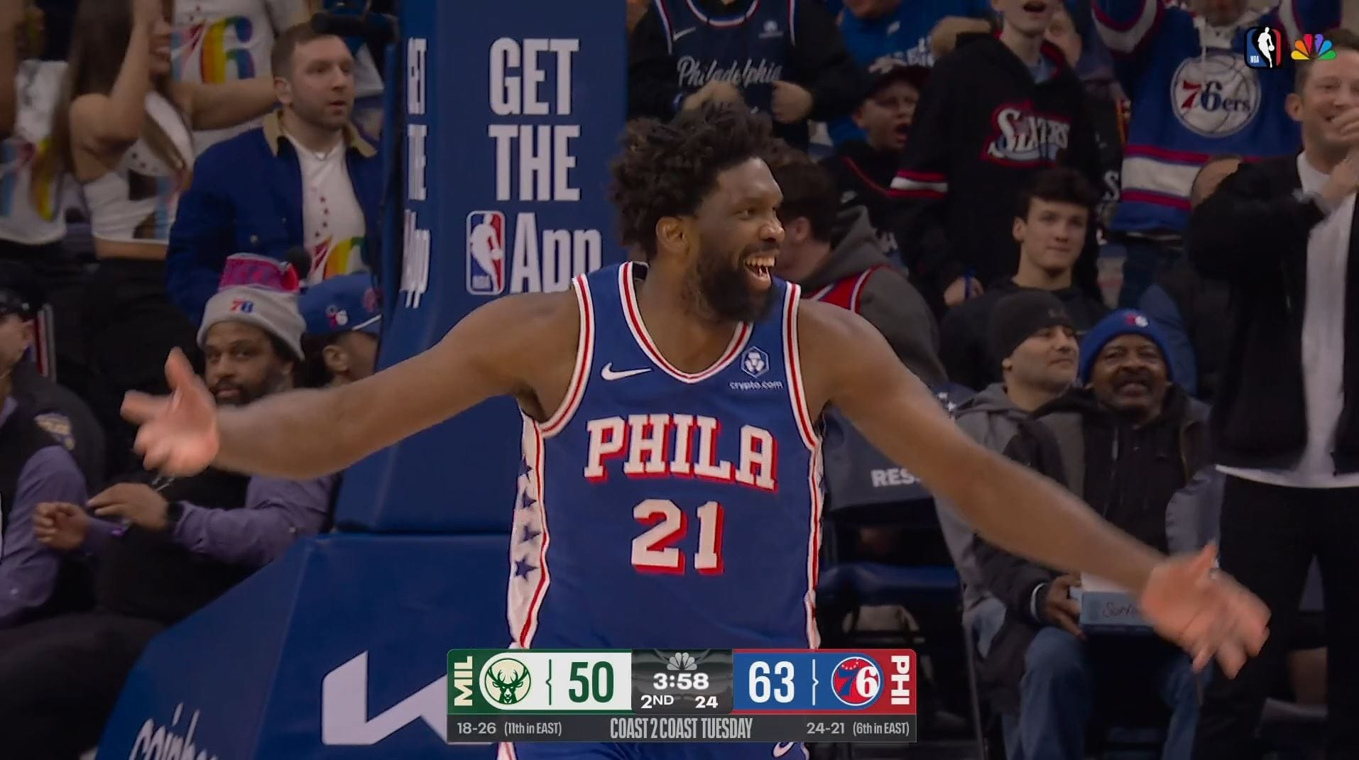 [Highlight] Joel Embiid with the monster alley-oop dunk in transition (with  replays). Embiid cannot believe it and Maxey is hyped.