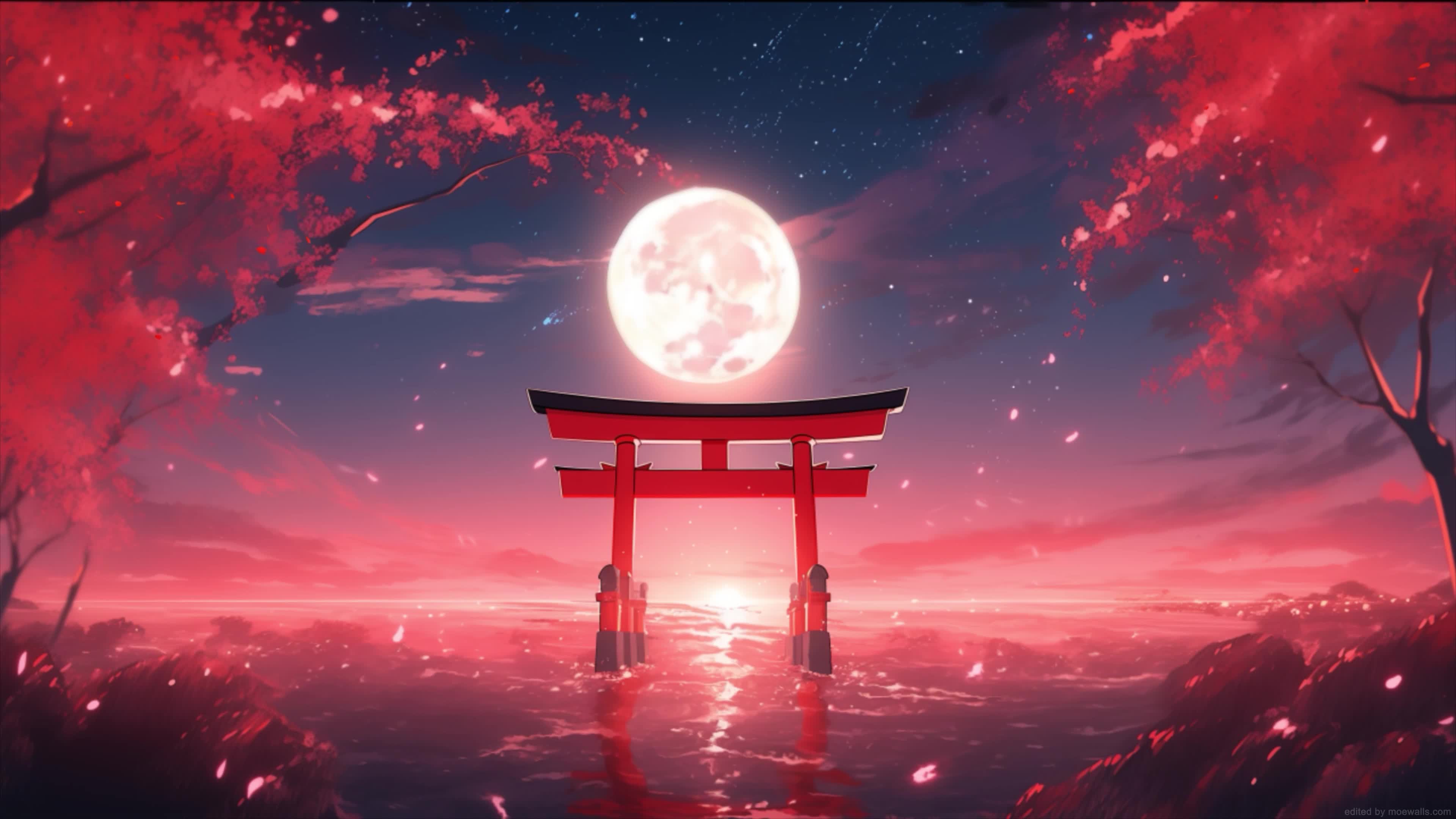 Torii Gate Sakura Blood Moonlight 4K Live Wallpaper