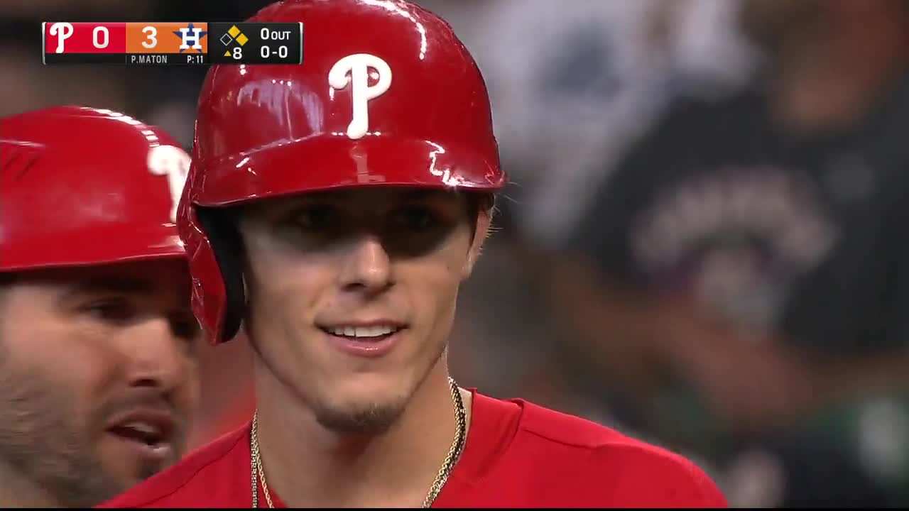 Philadelphia Phillies' Nick Maton smiles as he runs up the first