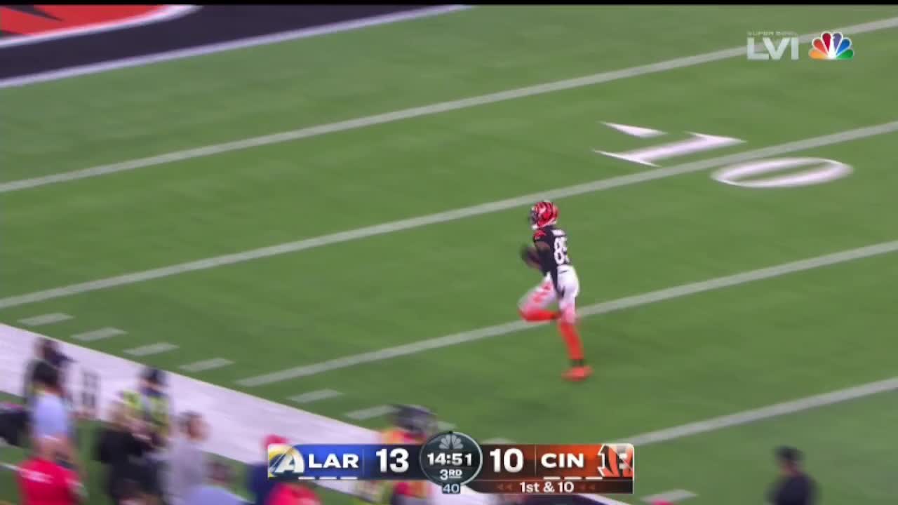 Highlight] SB LVI: LAR vs CIN - Burrow 75 yard TD pass to Higgins : r/nfl